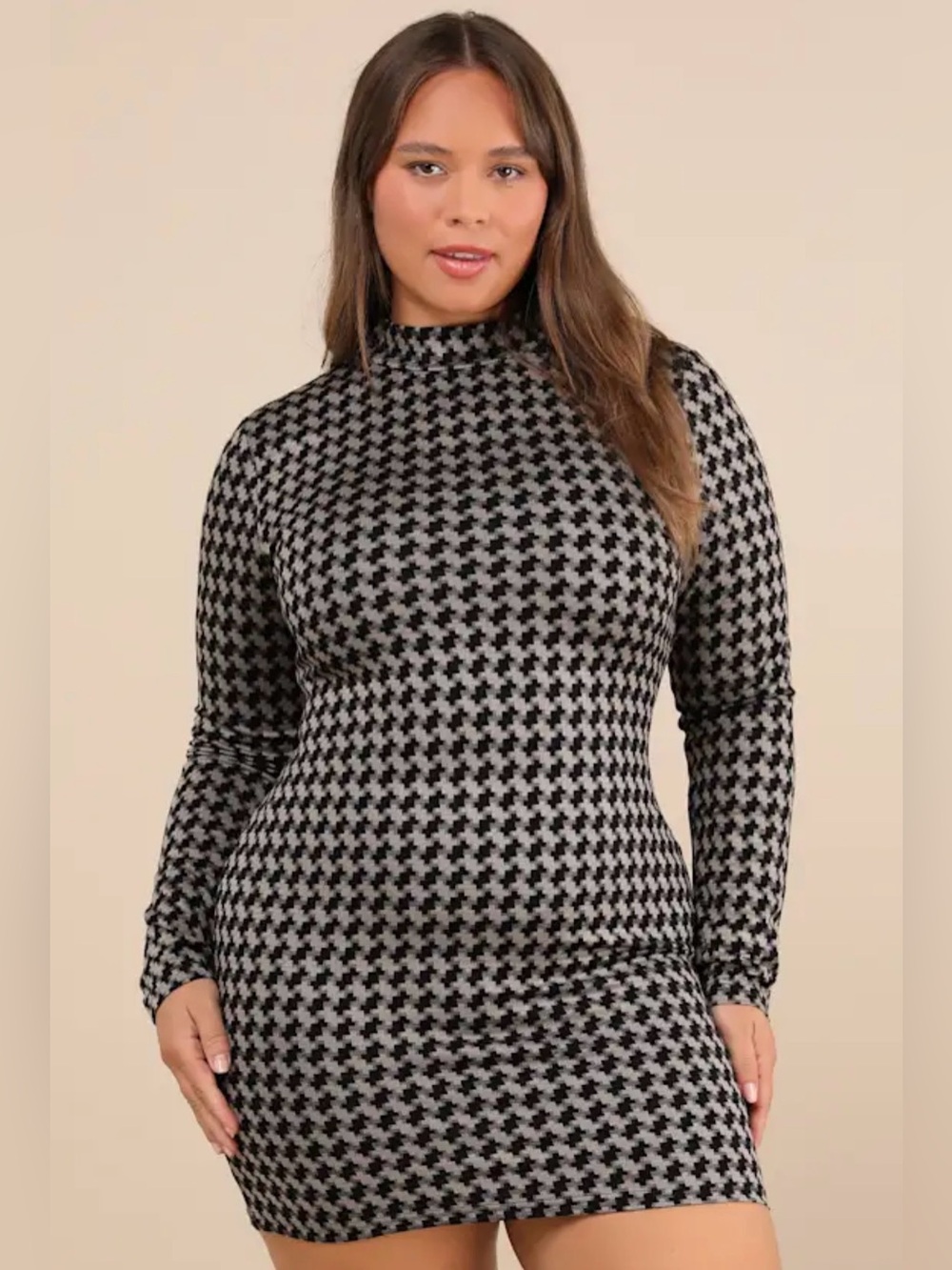 NWT Lulu’s Black & Gray Houndstooth Long-Sleeve Bodycon Dress - XXL